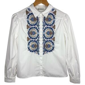 Etro Embroidered Poplin Button Down Blouse Top White Blue Size 40 Italy